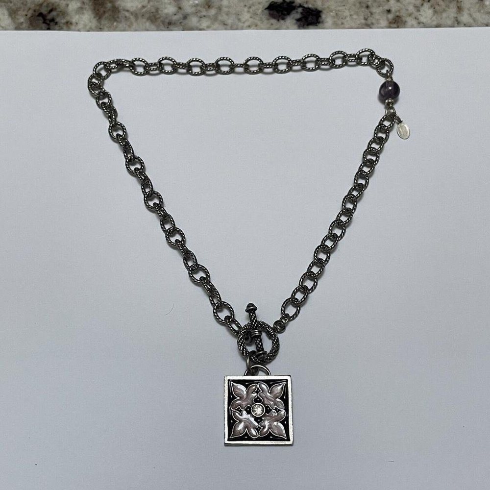 Women's Signed CAMCO Costume Necklace Pray Charm - Silver Tone - Purple / Pink